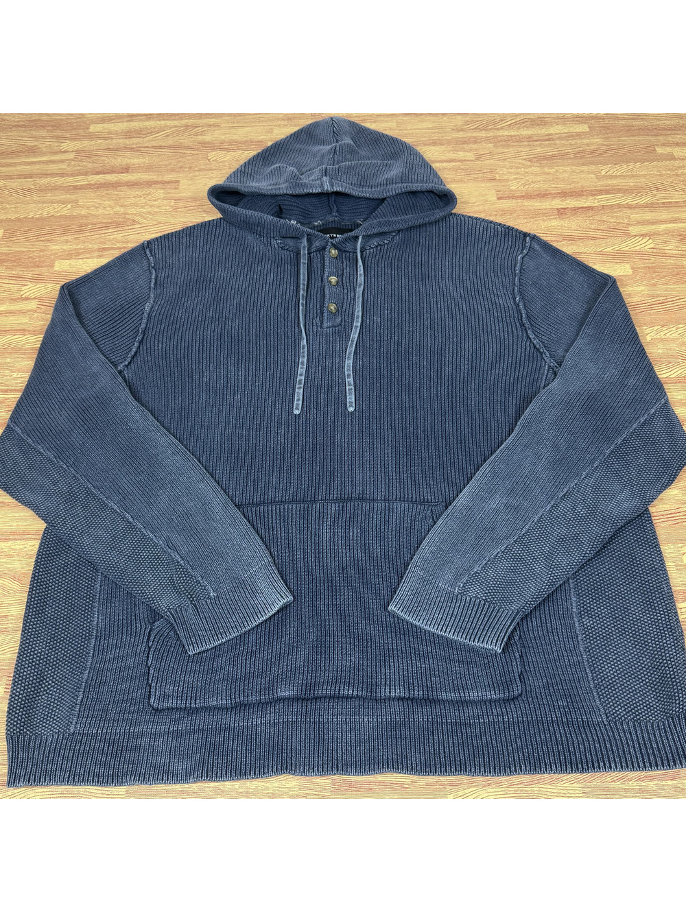 Lucky Brand Mens Henley Hoodie Sweater XXL Blue Ribbed Knit Pullover